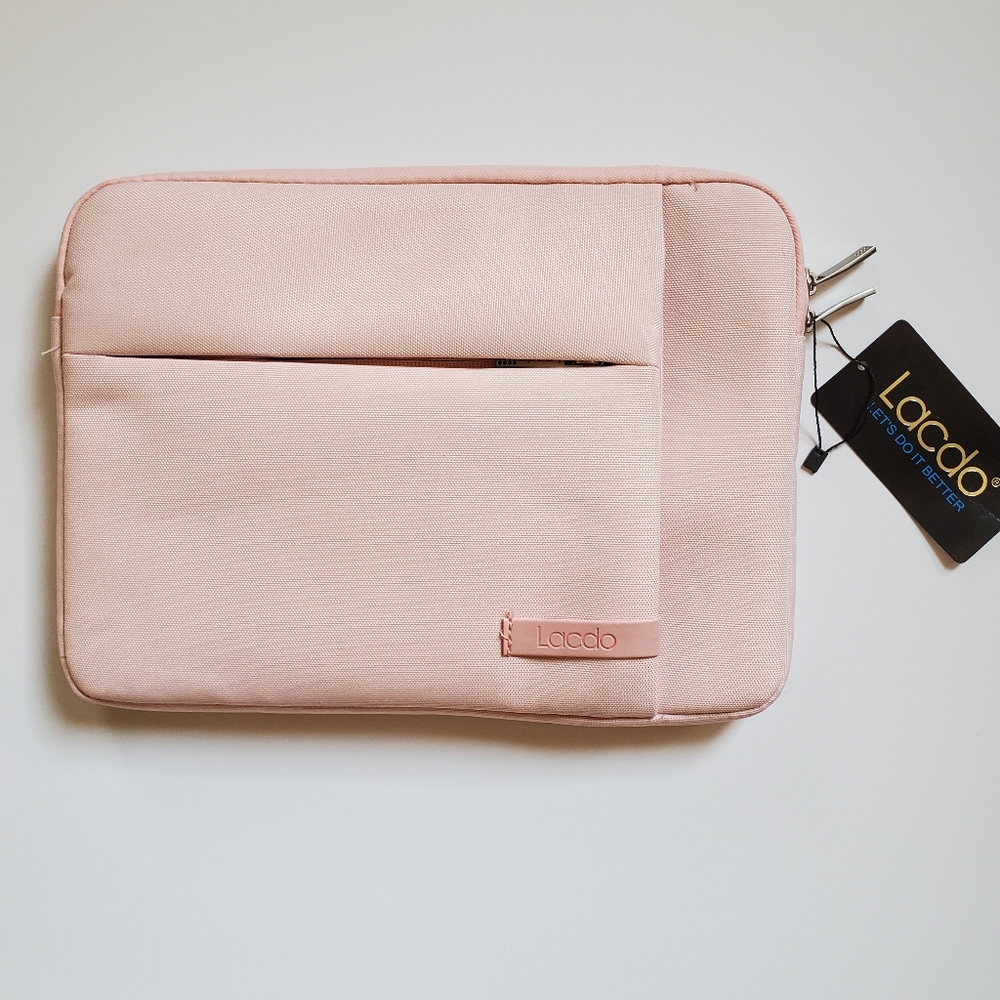 Lacdo Laptop Case in Baby Pink Zipper and Hidden Pouches with Open Pocket